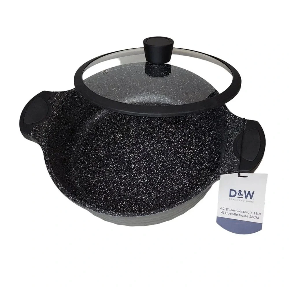 D&W Cookware 11inch Low Casserole Pan With Lid Non Stick 4.2QT Black
